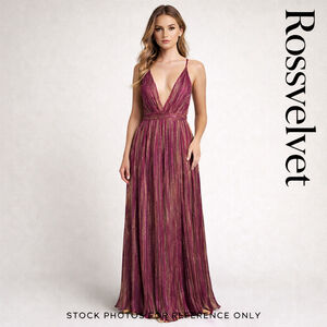 Rossvelvet Metallic Pleated Maxi Dress Pink Gold Deep V Formal Prom NWT S